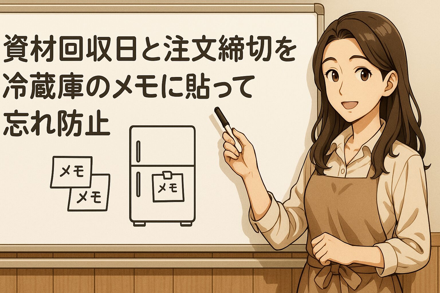 資材回収日と注文締切を冷蔵庫のメモに貼って忘れ防止