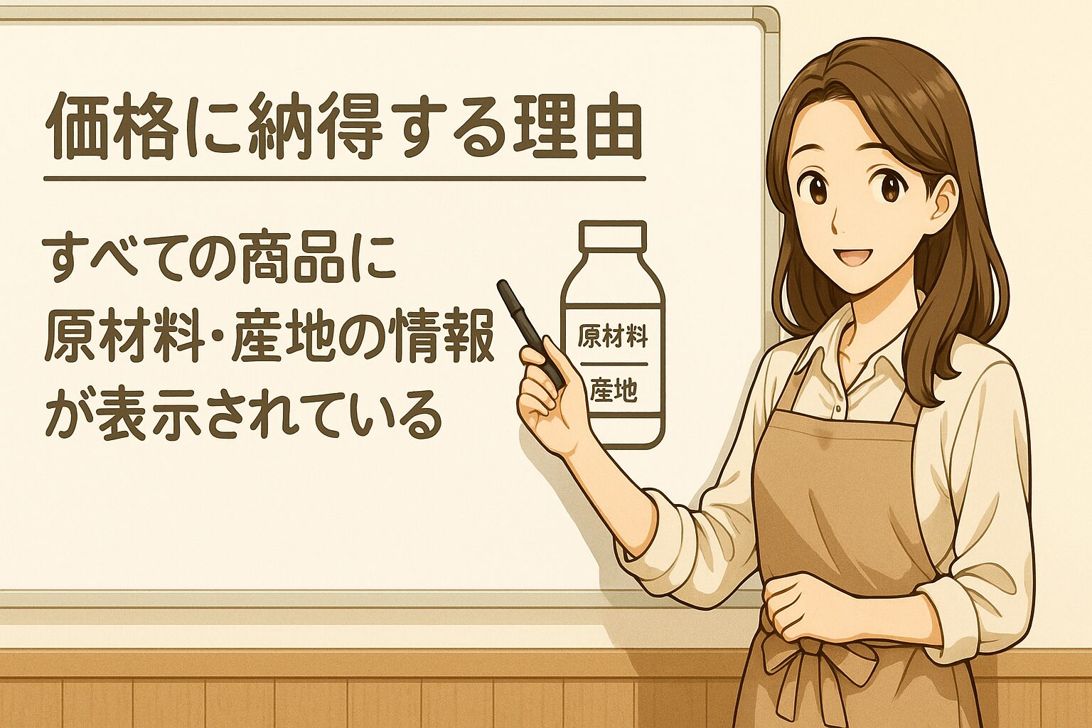 すべての商品に原材料・産地の情報が表示されている