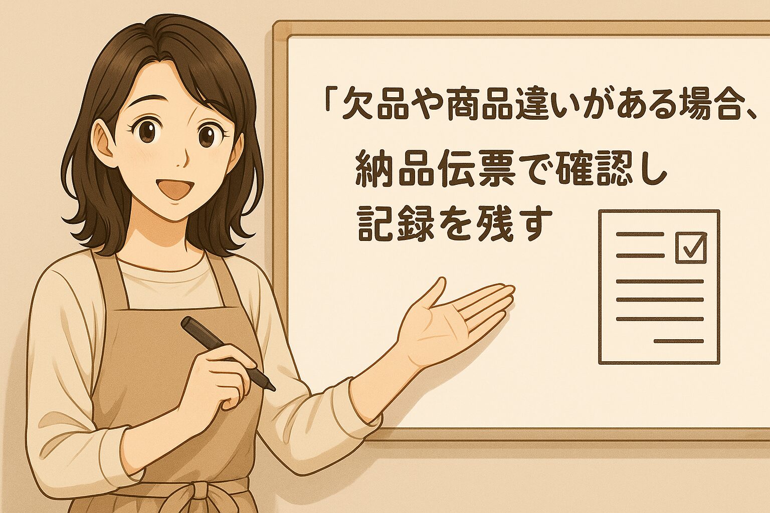 欠品や商品違いがある場合は、納品伝票で確認し記録を残す