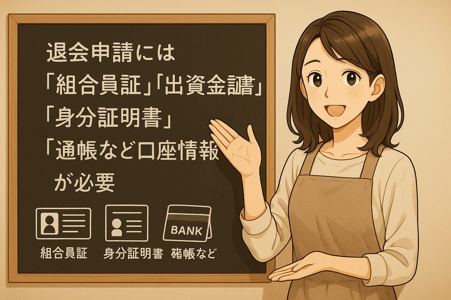 退会申請には「組合員証」「出資金証書」「身分証明書」「通帳など口座情報」が必要